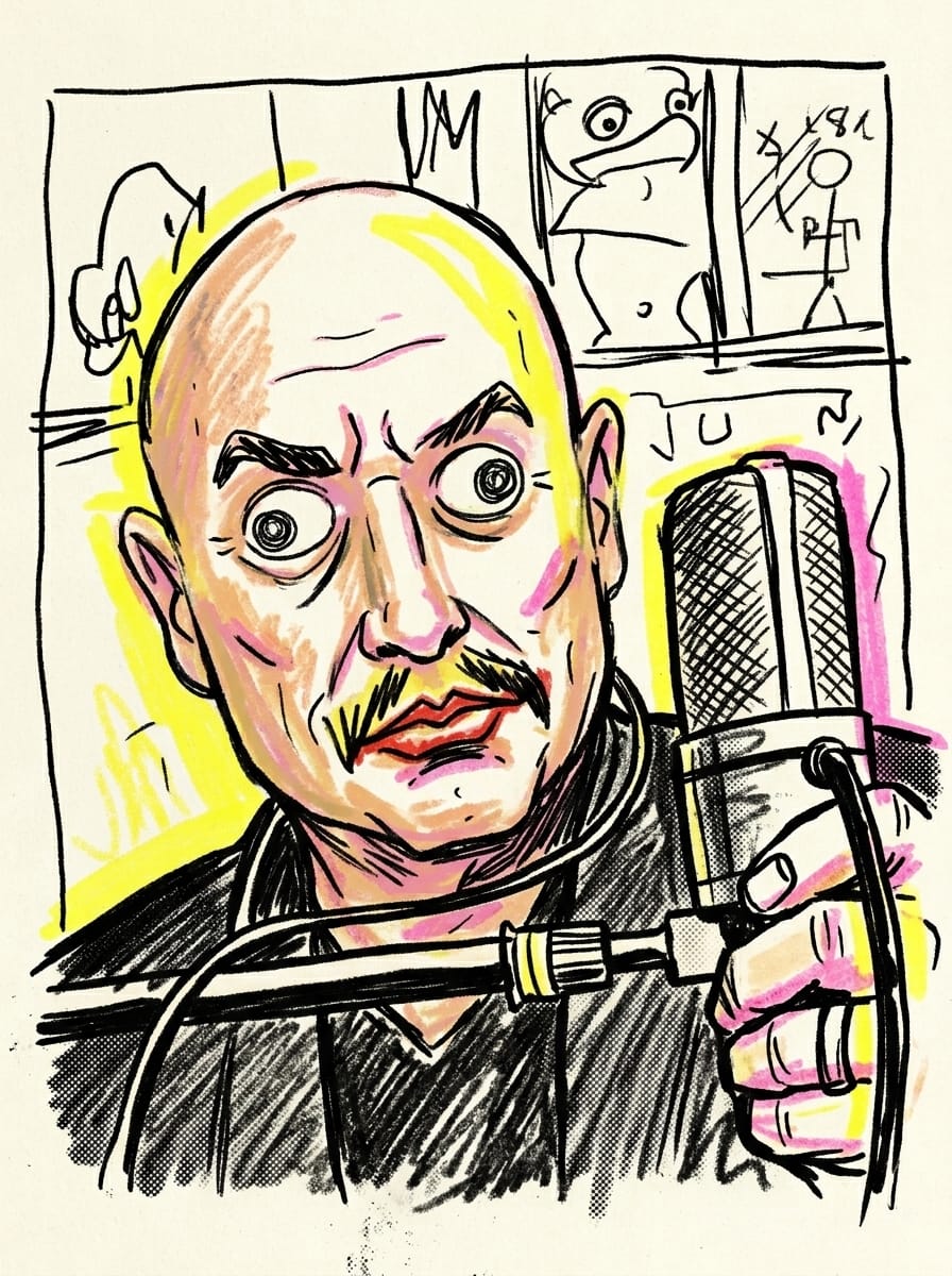 Don LaFontaine, the legendary movie trailer voiceover artist, leaning into a recording booth microphone