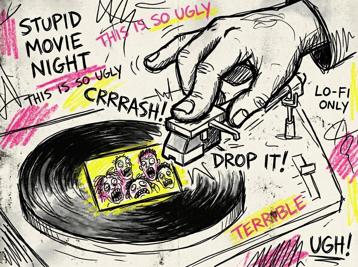 A glowing turntable needle dropping onto vinyl, representing iconic movie trailer needle-drops