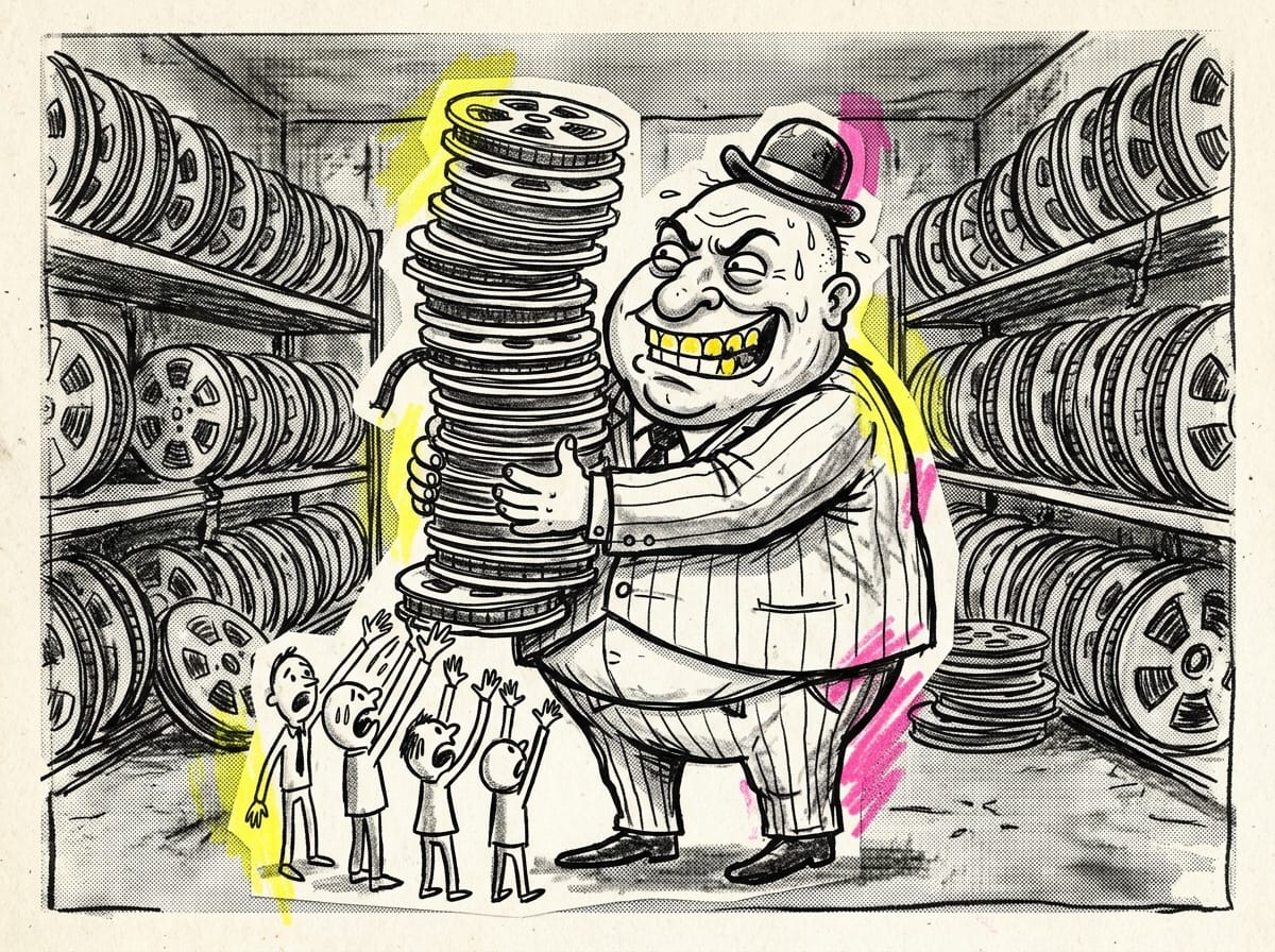 A vast vintage film warehouse of trailer reels, evoking the National Screen Service monopoly